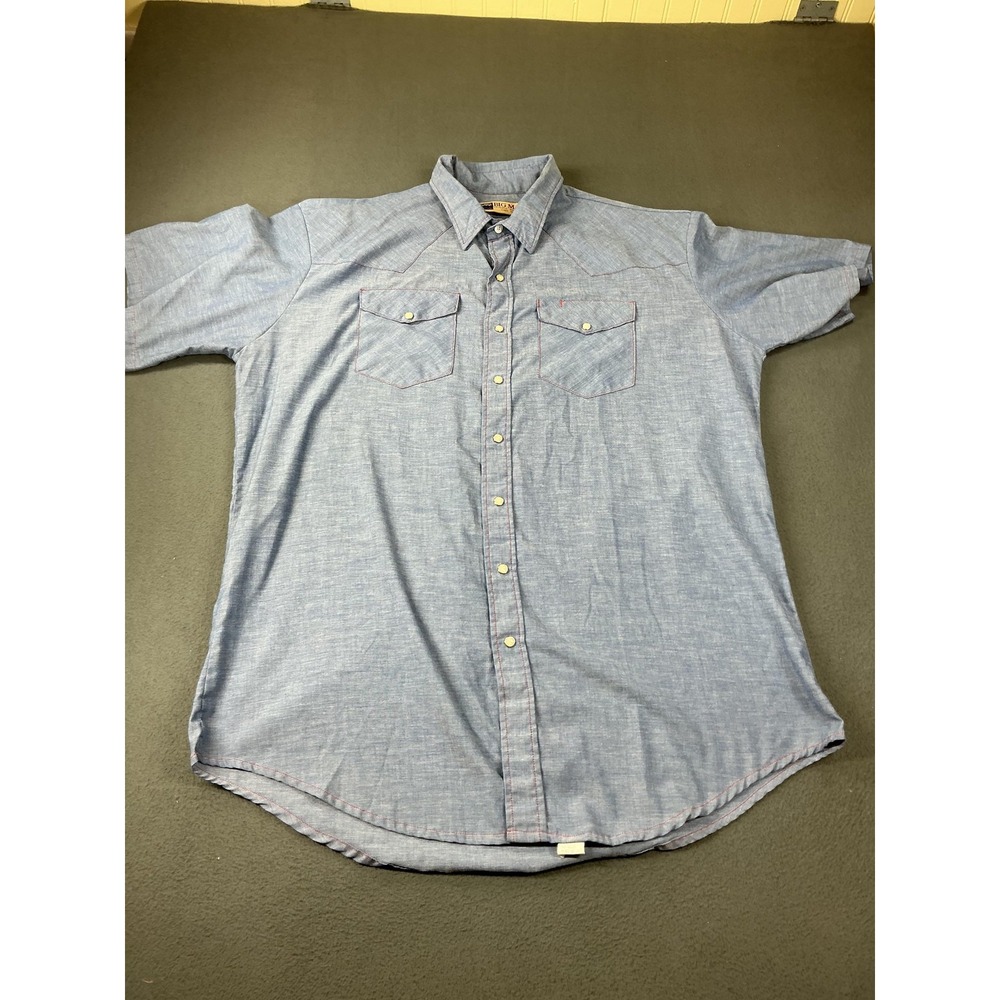 Big Mac Western Shirt Mens XL Blue Short Sleeve Pearl Snap Red Stitching 1993